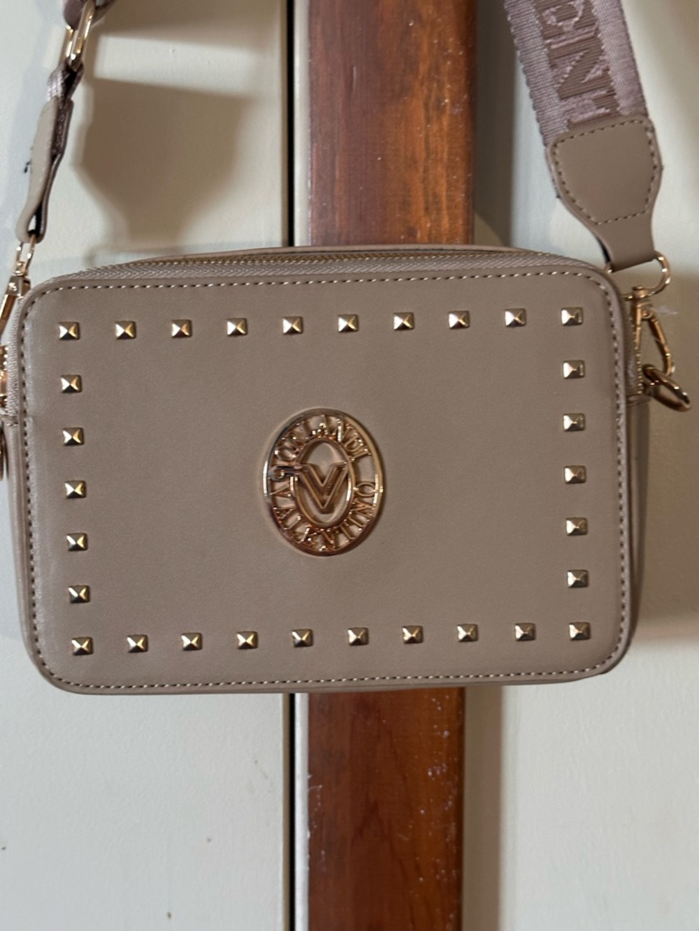 Valentino Orlandi Taupe Studded Crossbody Bag with Gold Hardware